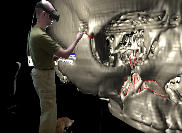 Using virtual reality to examine a 3D scan of a skull